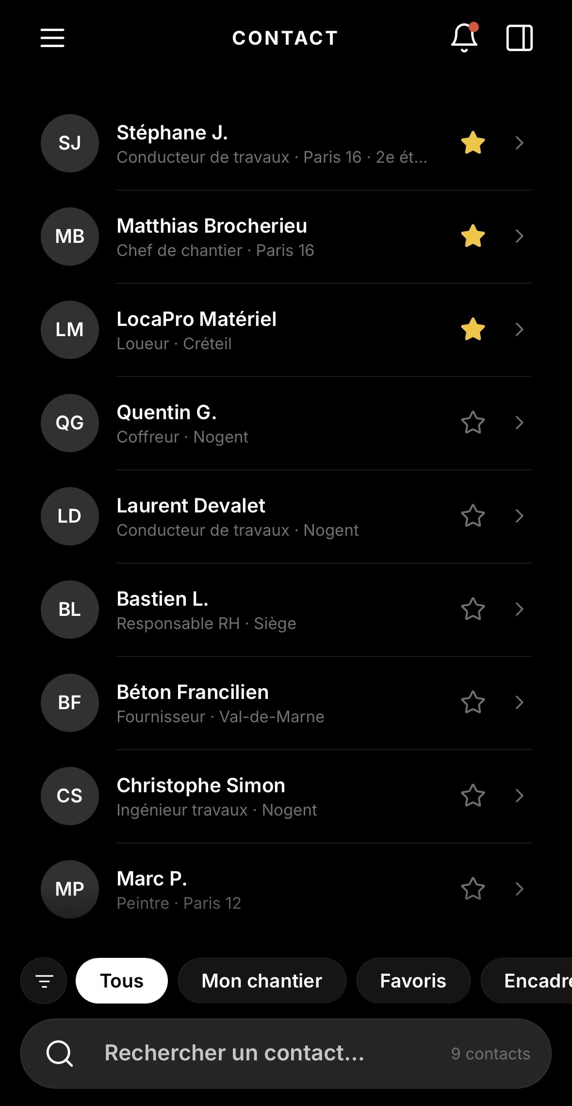 Capture de l'application OBRIX au téléphone : les contacts de l'équipe et des partenaires