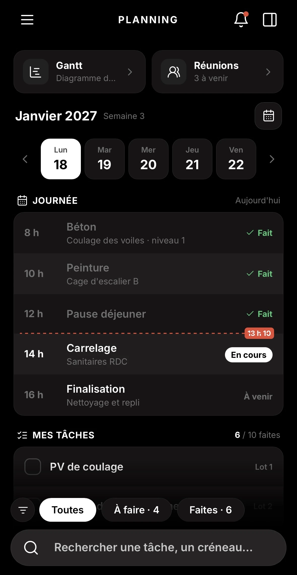 Planning de chantier dans OBRIX : la journée heure par heure
