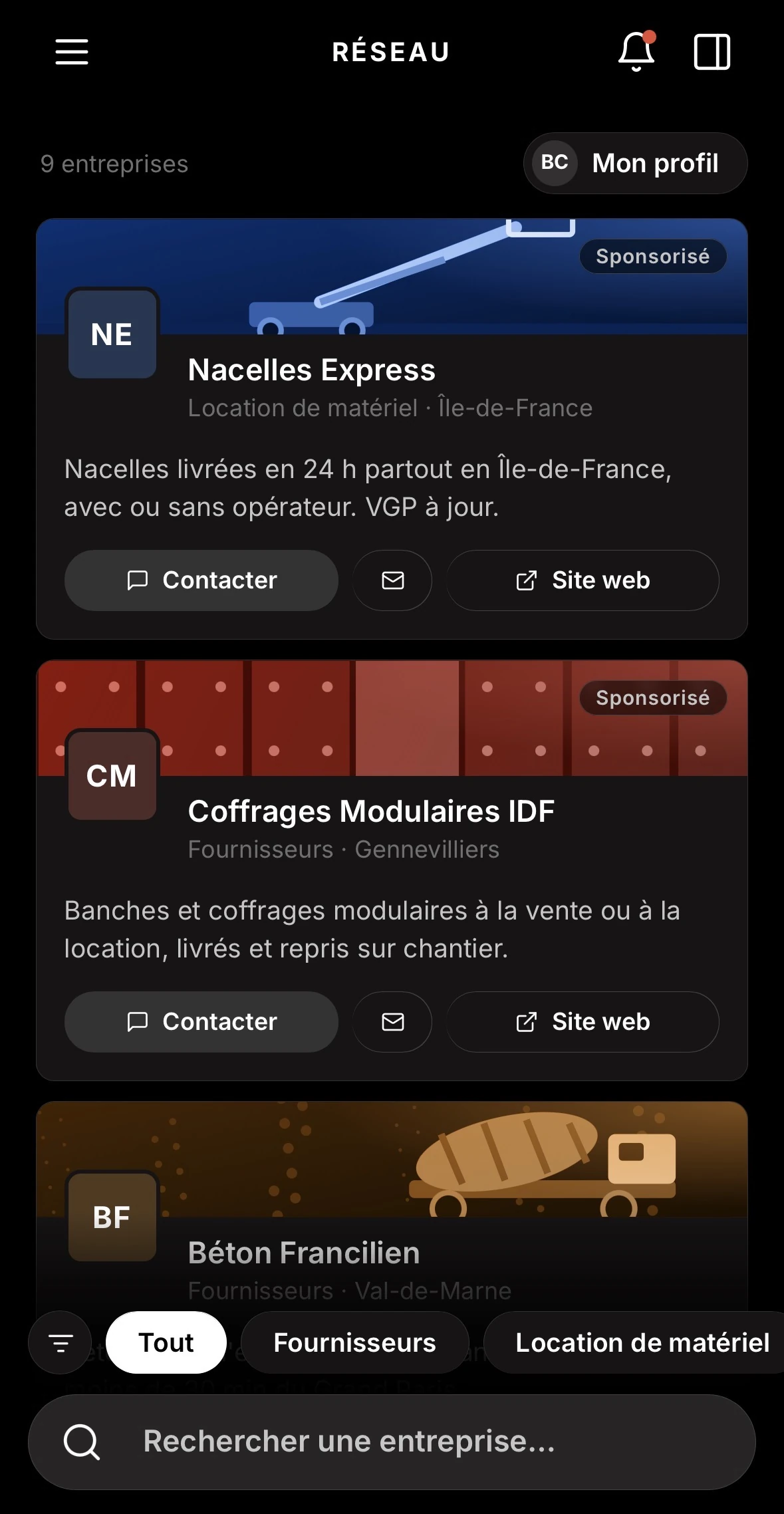 Capture de l'application OBRIX au téléphone : les loueurs et fournisseurs du Réseau